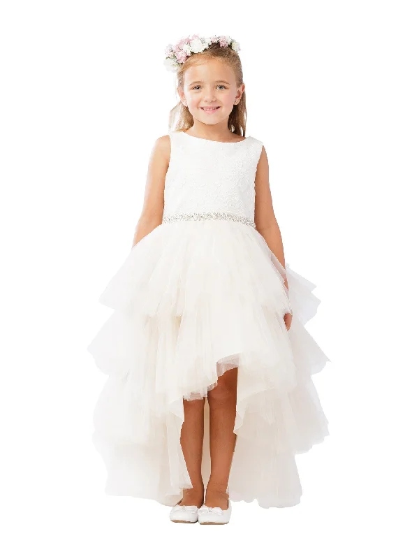 Timeless Elegance Sale Big Girls Champagne Lace Beaded Sash Hi-Low Junior Bridesmaid Dress 8-12 Boho Chic