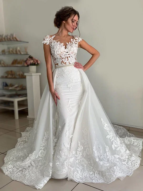 Luxury Casual Deals Detachable Cap Sleevs Lace Vintage Modest Elegant Wedding Dresses, WD0454 Summer Fashion