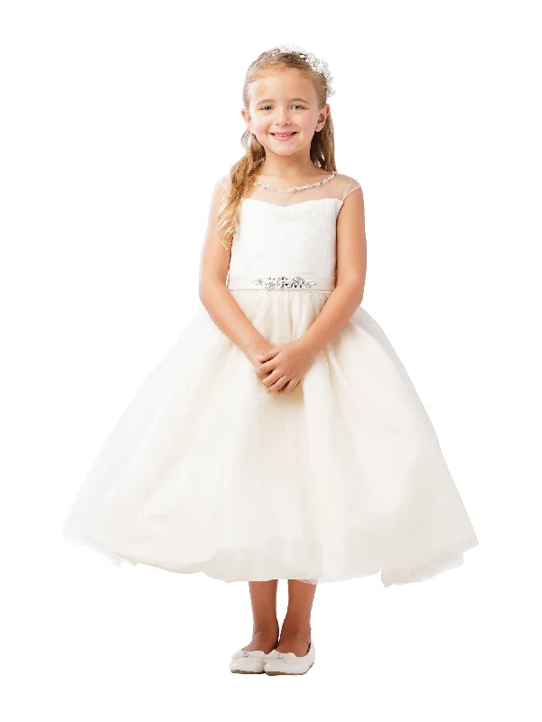 Ends Soon Big Girls Ivory Illusion Neck Beaded Lace Belted Junior Bridesmaid Dress 8-12 Soft Textures