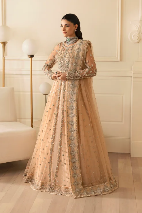 Contemporary Fashion Sale Pakistani Bridal Outfit in Peach Pishwas Lehenga Style Hollywood Glam Award - Show Style