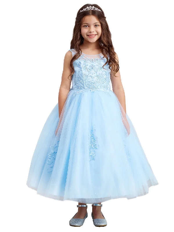 Timeless Elegance Redefined Big Girls Sky Blue Illusion Neckline Lace Appliques Junior Bridesmaid Dress 8-18 Elevated Style