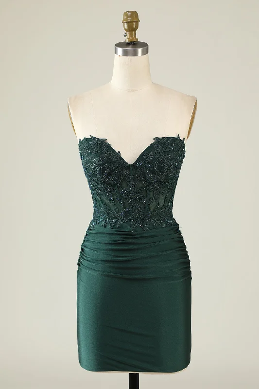 Budget Saver Dark Green Bodycon Strapless Applique Short Homecoming Dress with Beading Boho - Chic Festival - Ready Style