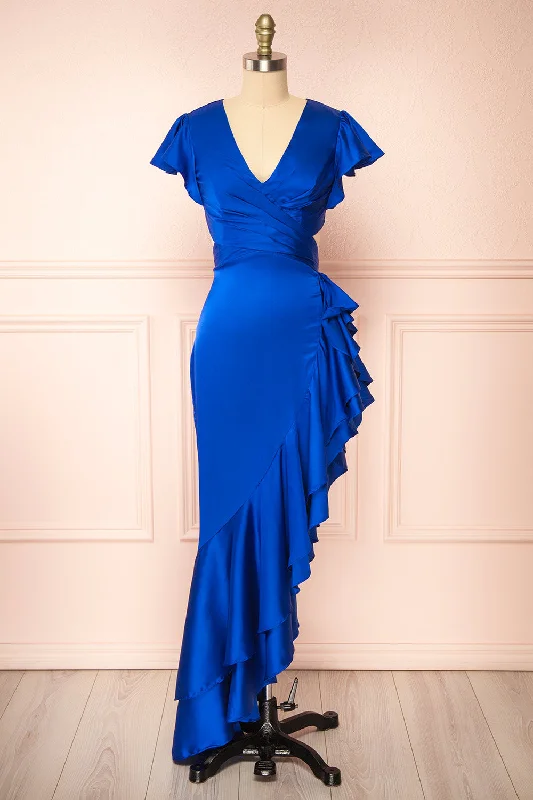 Fashionista Favorites Eirlys Blue | Asymmetrical Satin Dress w/ Ruffles Luxury Style