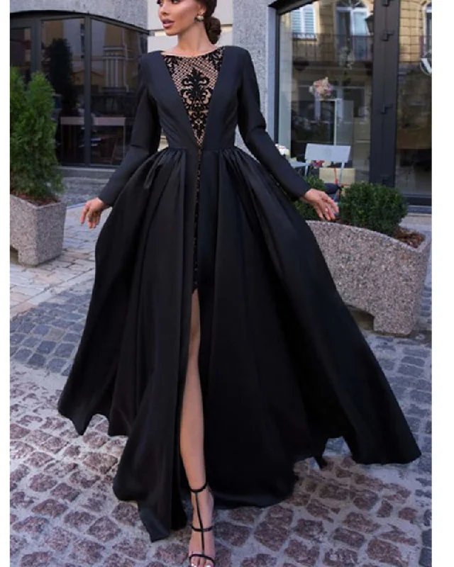 Stylish Statements Fashion Long Sleeves Lace A Line Satin Split Women Black Formal Evening Dresses PL01122 Feminine Elegant