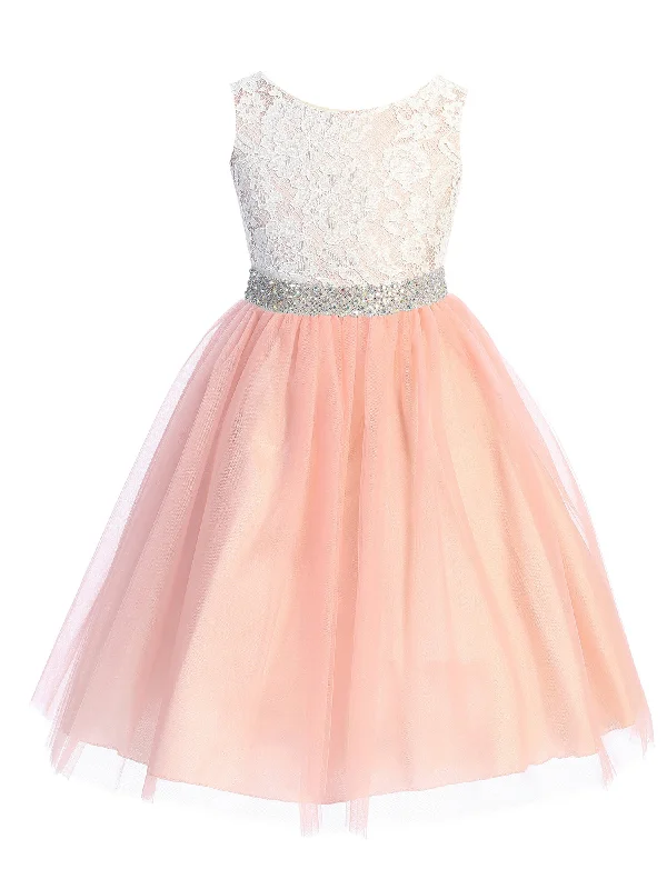 Chic And Edgy Big Girls Rose Lace Thick Crystal Belt Junior Bridesmaid Dress 8-12 Refined Look