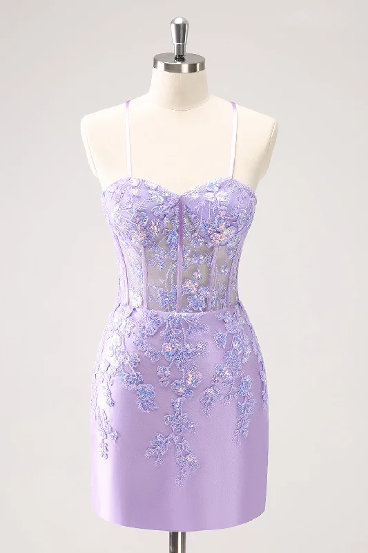 Feminine Luxe Style Sale Sparkly Lilac Bodycon Spaghetti Straps Sequin Corset Homecoming Dress with Appliques Effortless Sophistication