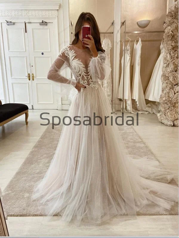 Mega Sales A-line Unique Long Sleeves Vintage Country Wedding Dresses, Prom Dresses WD0414 Boho Chic