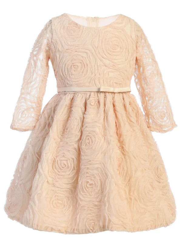 Top Brand Discounts Big Girls Champagne Rosette Mesh Junior Bridesmaid Dress 7-12 Graceful Drape