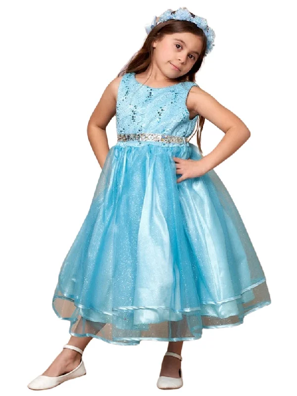 Style Without Limits Big Girls Light Blue Lace Sequin Belt Glitter Tulle Junior Bridesmaid Dress 8-16 Elevated Style