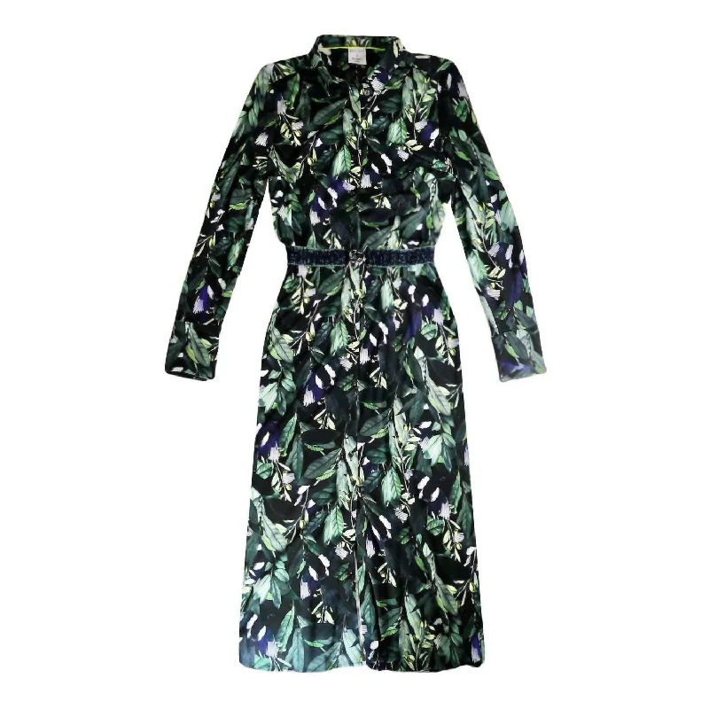 Chic And Trendy Leaf Print Long Shirt Dress In Green/multi Fashion-Forward Style