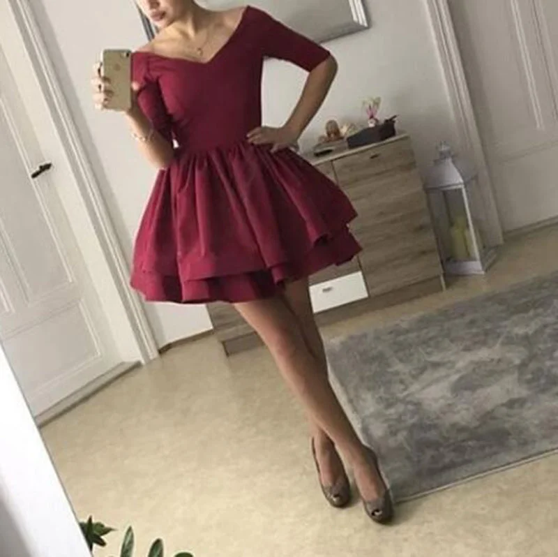 Stylish Statements Burgundy Short Cocktail Dress Long Sleeved Party Short Graduation 8th Grade Prom Dress Soft Textures