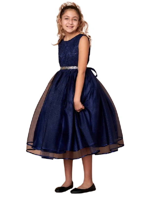 Limited Time Offer Big Girls Navy Lace Sequin Belt Glitter Tulle Junior Bridesmaid Dress 8-16 Limited - Edition Drops