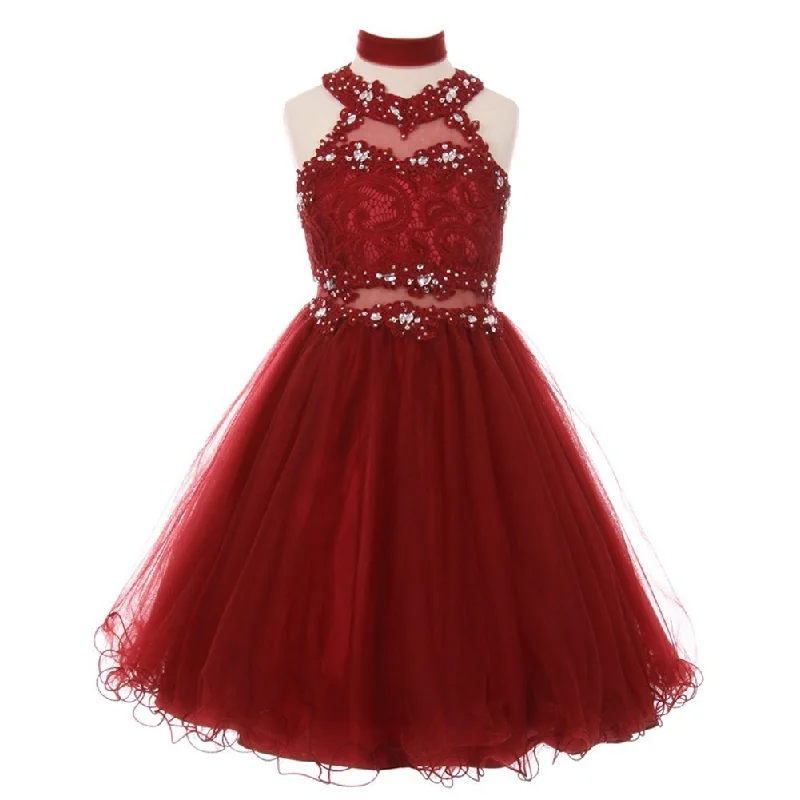 Sporty Fashion Offers Big Girls Burgundy Rhinestone Halter Neck Lace Junior Bridesmaid Dress 8-20 Boho - Chic Festival - Ready Style