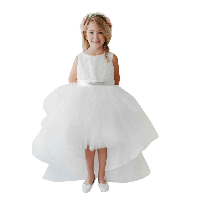 Clearance Event Big Girls White Lace Bodice Beaded Sash Hi-Low Junior Bridesmaid Dress 8-12 Coastal Beach - Inspired Style