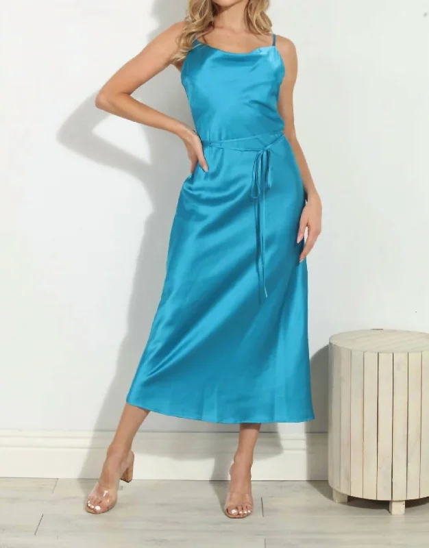 New In This Season Satin Midi Dress In Blue Satin Floral Style