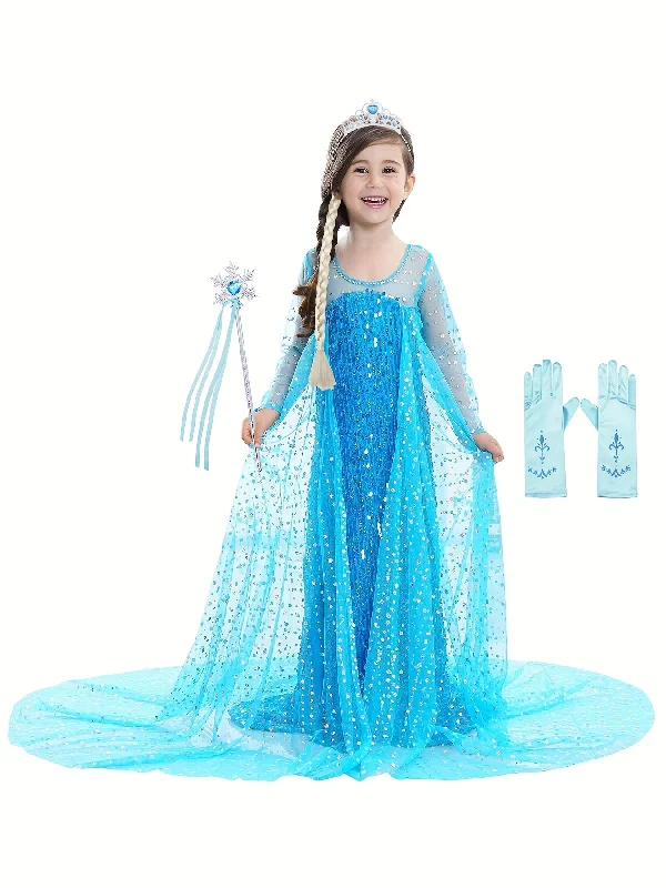 Fashion Forward Girl's Princess Dress With Accessories Sets, Sequin Decor Long Sleeve Dress, Tulle Cloak, Ice And Snow Queen Cosplay Outfits, Halloween Holiday Party Prom Birthday Performance Costume, Kids Clothes Grab Romantic Date - Night Styles Now