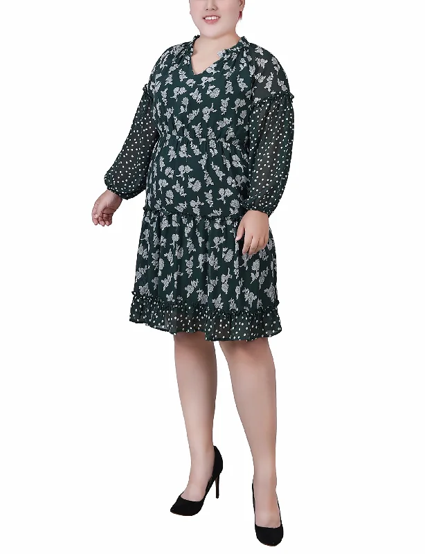 Exclusive Deals Online Plus Size Long Sleeve Combo Chiffon Dress Elegant Details