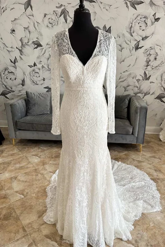 Trendy Threads White Lace V-Neck Lace-Up Back Long Sleeve Mermaid Wedding Dress Romantic Flair