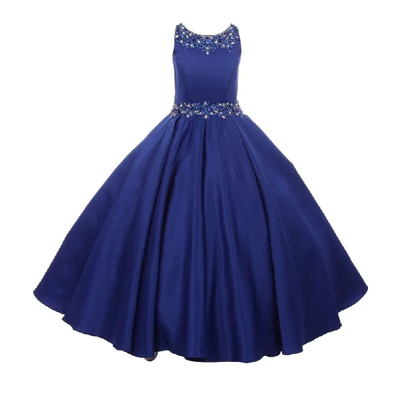 Trendy Pulse Big Girls Royal Blue Beaded Pleated Dull Satin Junior Bridesmaid Dress 8-16 Effortless Style