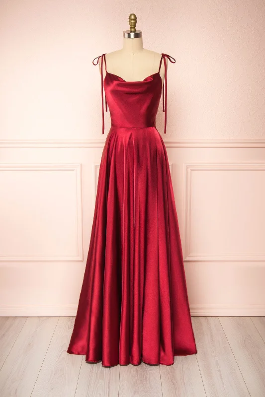 Best Sellers Moira Burgundy | Cowl Neck Satin Maxi Dress w/ High Slit Effortless Grace