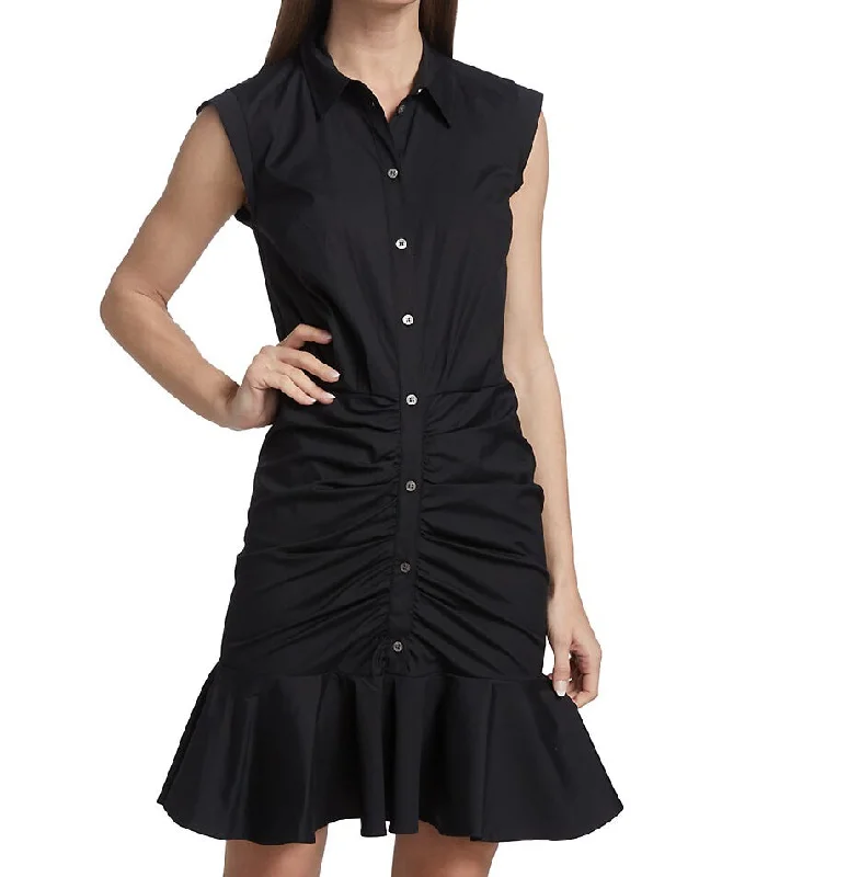 Fashion Frontiers Veronica Beard Women's Black Cotton Ruched Button Down Mini Shirt Dress Vintage Charm