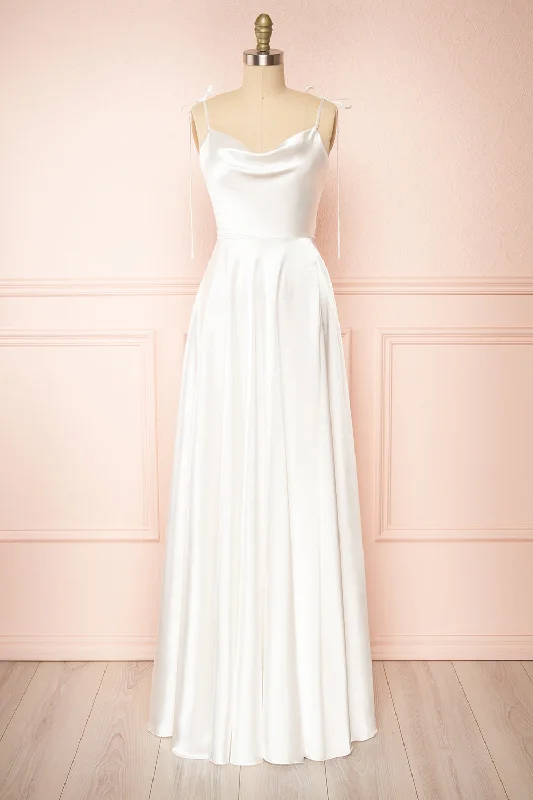 Fashion Forward Femininity Moira Ivory | Bridal Cowl Neck Satin Gown w/ High Slit Tropical Island - Inspired Attire