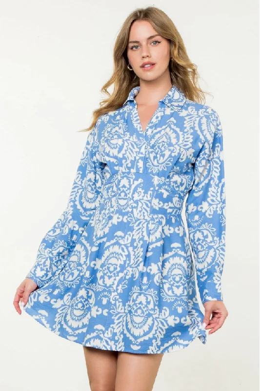 Essentials On Sale Isla Paisley Long Sleeve Dress in Blue Modern Romance