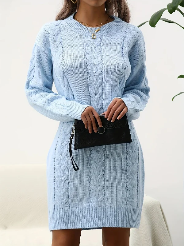 Relaxed Style Women's Cozy Knit Sweater Dress - Casual Crew Neck, Long Sleeve, Solid Color, Perfect for Fall/Winter Formal Outfit