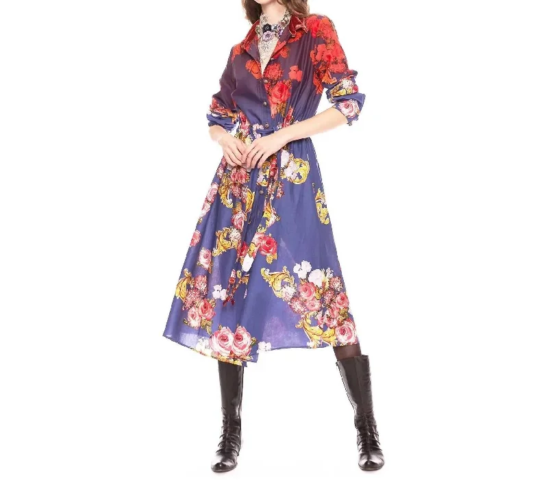 Comfortable Chic Autumn Blossom Shirt Dress In Blue Playful Elegance