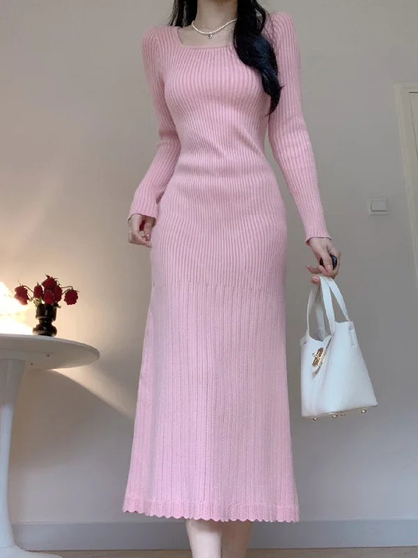 Affordable Trendy Fashion Stylish Long Sleeve Knitted Sweater Dress - Women's Elegant Square Neck Sweater Dress for Fall and Winter - Soft, Cozy, and Chic Clothing for Ladies Elegant Details