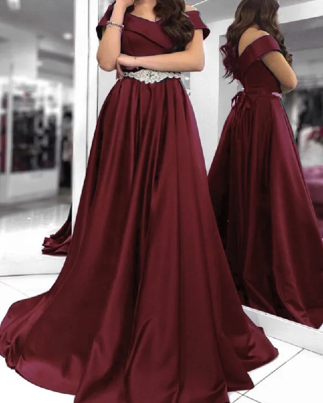 Fashion Forward, Function First Off the Shoulder Satin A Line Formal Prom Dress with Belt Formal Evening Gown 2022 PL10411 Timeless Elegant