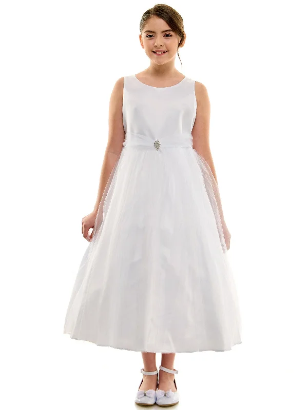 Trend Leading Collection Big Girls White Dull Satin Brooch Junior Bridesmaid Dress 8-12 Contemporary Elegance