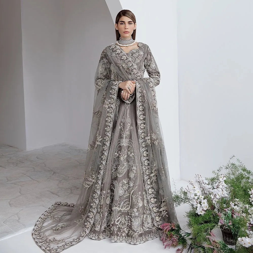 Must Haves Embellished Grey Bridal Lehenga Choli and Dupatta Dress Hollywood Glam Award - Show Style