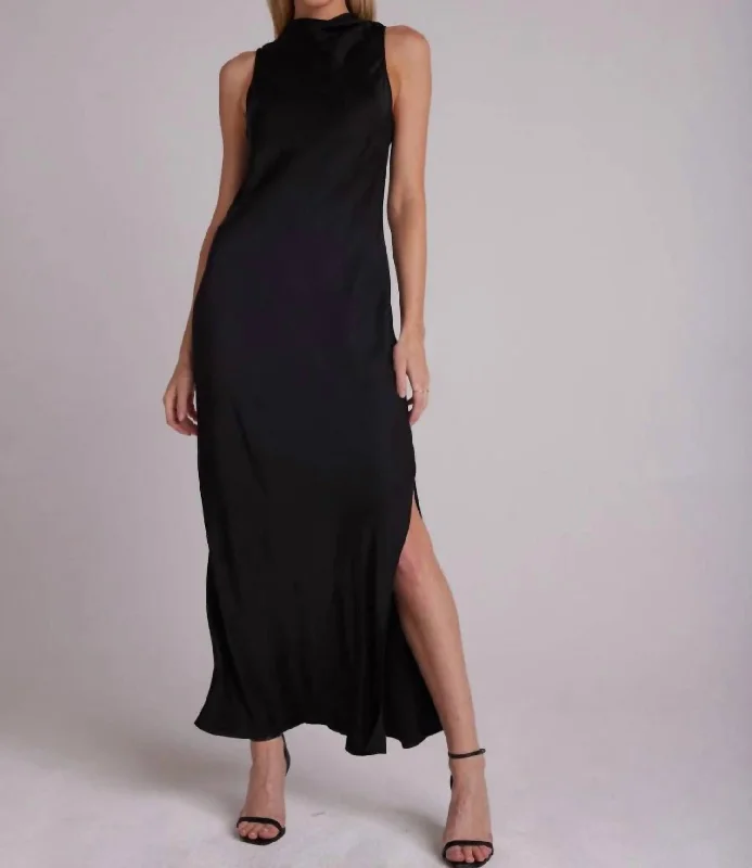 Sustainable Fashion Extravaganza Satin Side Slit Column Dress In Black Bold Silhouette