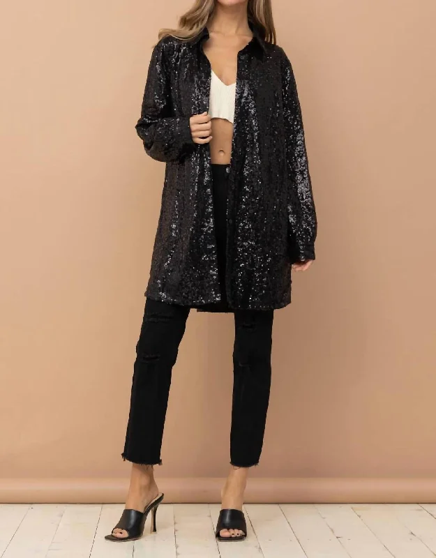 Comfort Meets Fashion Sequin Sparkle Shirt Dress In Black Soft Textures