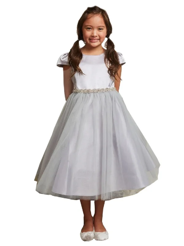 Limited Time Big Girls Silver Cap Sleeve Satin Tulle Junior Bridesmaid Dress 8-14 Dreamy Aesthetic