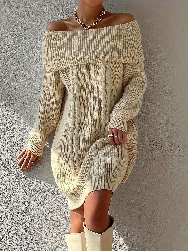 Luxury Fashion Stylish Plus Size Cable Knit Off Shoulder Sweater Dress - Women's Plus Size Sweater Dresses with Long Sleeves and Chic Design - Cozy Winter Fashion for Curvy Women Summer Fashion