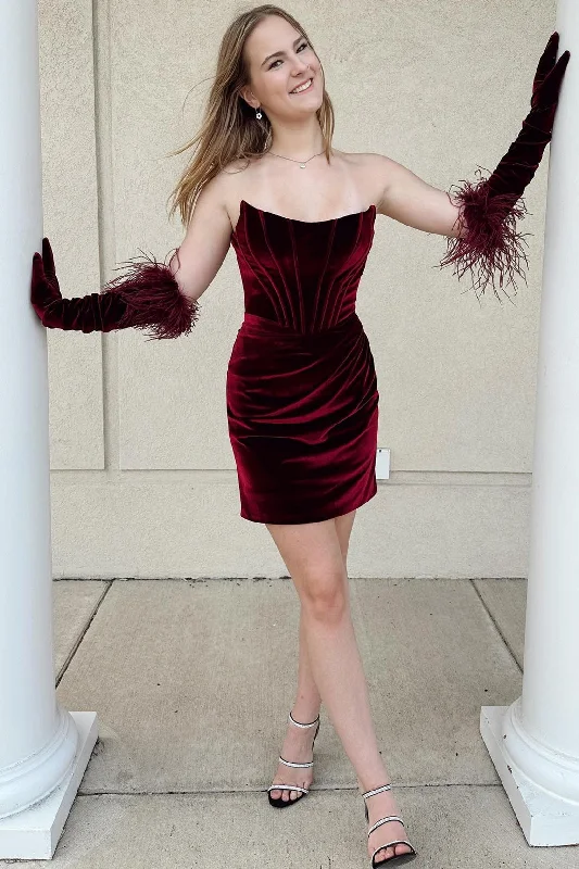 Chic & Modern Sales Virginia | Wine Red Velvet Strapless Bodycon Short Homecoming Dress Vintage Elegance