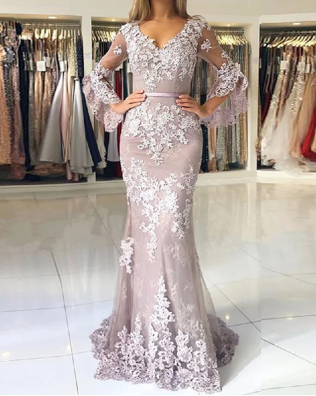 Trendy Women'S Wear Collection Mauve /Green  Lace Long Sleeves Mermaid Prom Dresses PL6677 Luxury Comfort