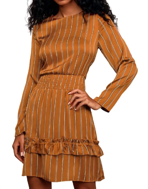 Trendy Looks On Sale Escape Striped Satin Long Sleeve Dress In Copper Effortless Style