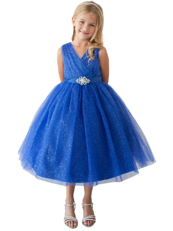 Snag Fabulous Fashion Bargains Big Girls Royal Blue Glitter Tulle Rhinestone Brooch Junior Bridesmaid Dress 8-12 Elegant Details