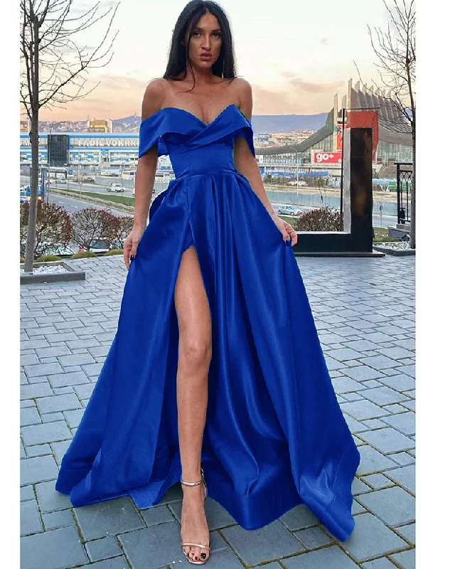 End-Of-Season Clearance Elegant A Line Satin Off the Shoulder Royal Blue Long Women Formal Prom Dresses Party Gown with  Slit  PL10128 Contemporary Chic