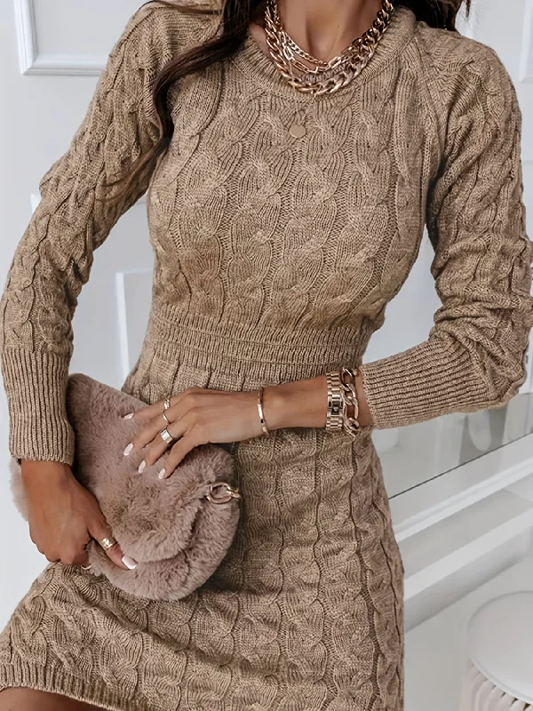 Trendy Looks On Sale Cozy Cable Knit Sweater Dress - Women's Long Sleeve Crew Neck Slim Fit Sweater Dress for Fall - Casual Solid Color Split Hem Dress for Women's Clothing Modern Glamour