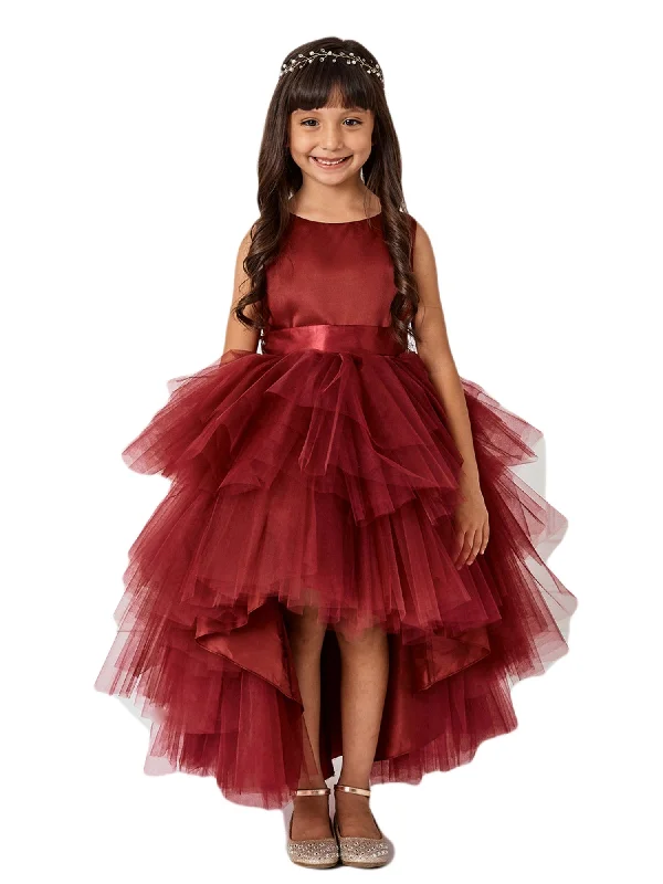 Exclusive Fashion Deals Big Girls Burgundy Sash Ruffled Tulle High-Low Junior Bridesmaid Dress 8-16 Tropical Island - Inspired Attire