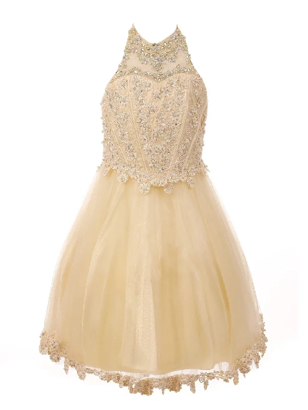 Statement Fashion Offers Big Girls Champagne Halter Neck Rhinestone Sequin Junior Bridesmaid Dress 8-16 Weekend Special