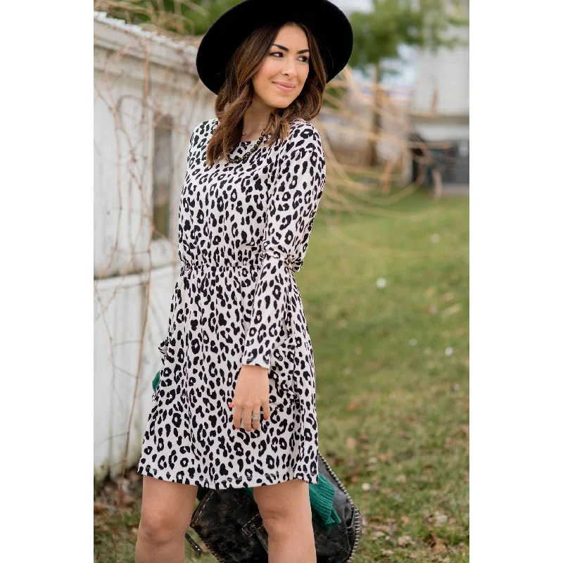 Limited Time Offers Leopard Long Sleeve Pocket Dress Classic Appeal