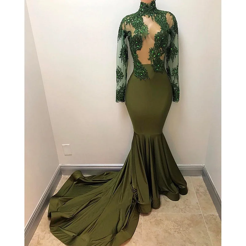 Chic Style, Always In Vogue African Women Prom Dress Mermaid Evening Dress Sheer Corset with Long Sleeves Modern Romance