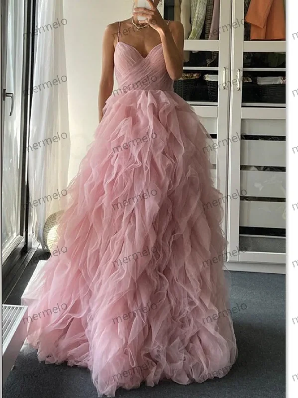 Premium Fashion Pink Tulle Dress with Ruffles, Corset Prom Dress with Spaghetti Straps, Homecoming Dress, Princess Bridal Shower Dress Everyday Glamour