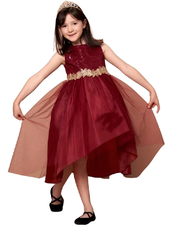 Modern Chic Discounts Big Girls Burgundy Sequin Bodice Hi Low Junior Bridesmaid Dress 8-16 Cottagecore Rustic Charm Style