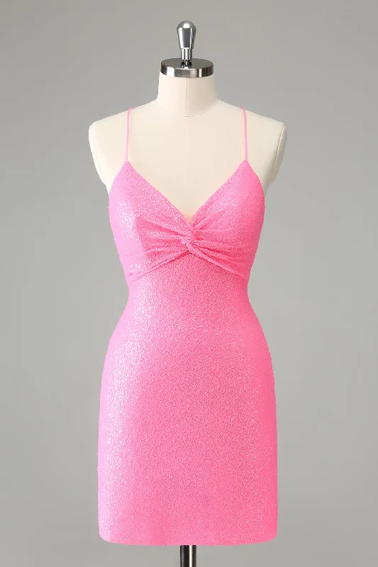 Feminine Style Promotions Pink Bodycon Spaghetti Straps Sequins Short Homecoming Dress with Lace-up Back Effortless Comfort